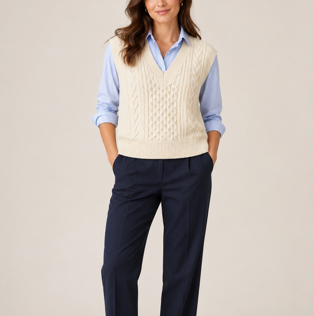 Quince 100% Merino Wool Cable Knit Sweater Vest Ivory Womens XL V Neck